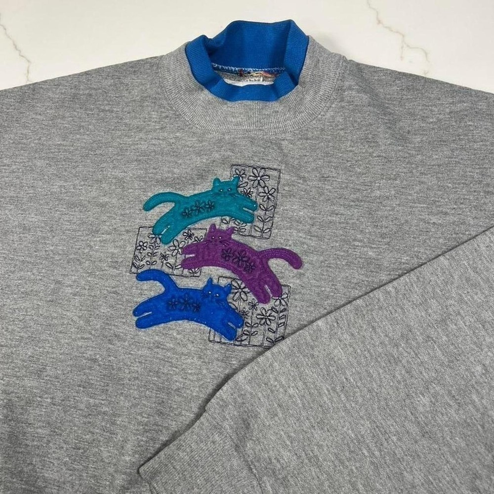 Vintage Cat Sweatshirt Womens Heather Gray Embroidered Double Collar Pullover